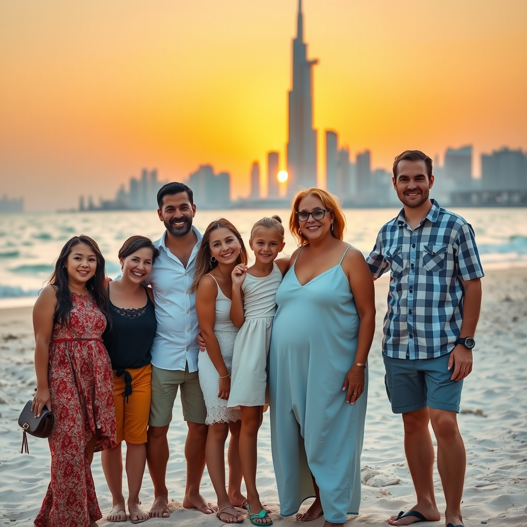 Happy family group photo at beach with Dubai skyline sunset everyone smiling and enjoying vacation
