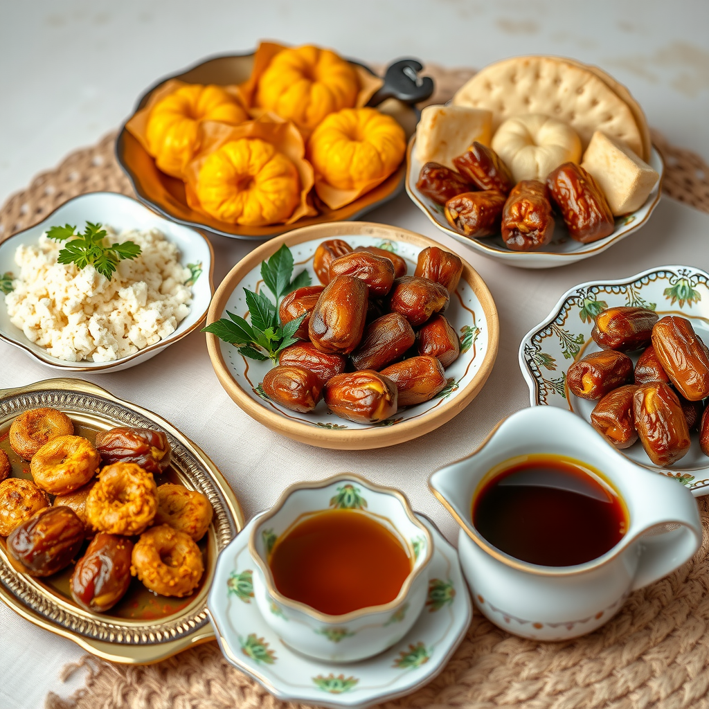 Traditional Emirati cuisine spread featuring machboos, harees, dates, Arabic coffee, and luqaimat arranged on ornate serving dishes