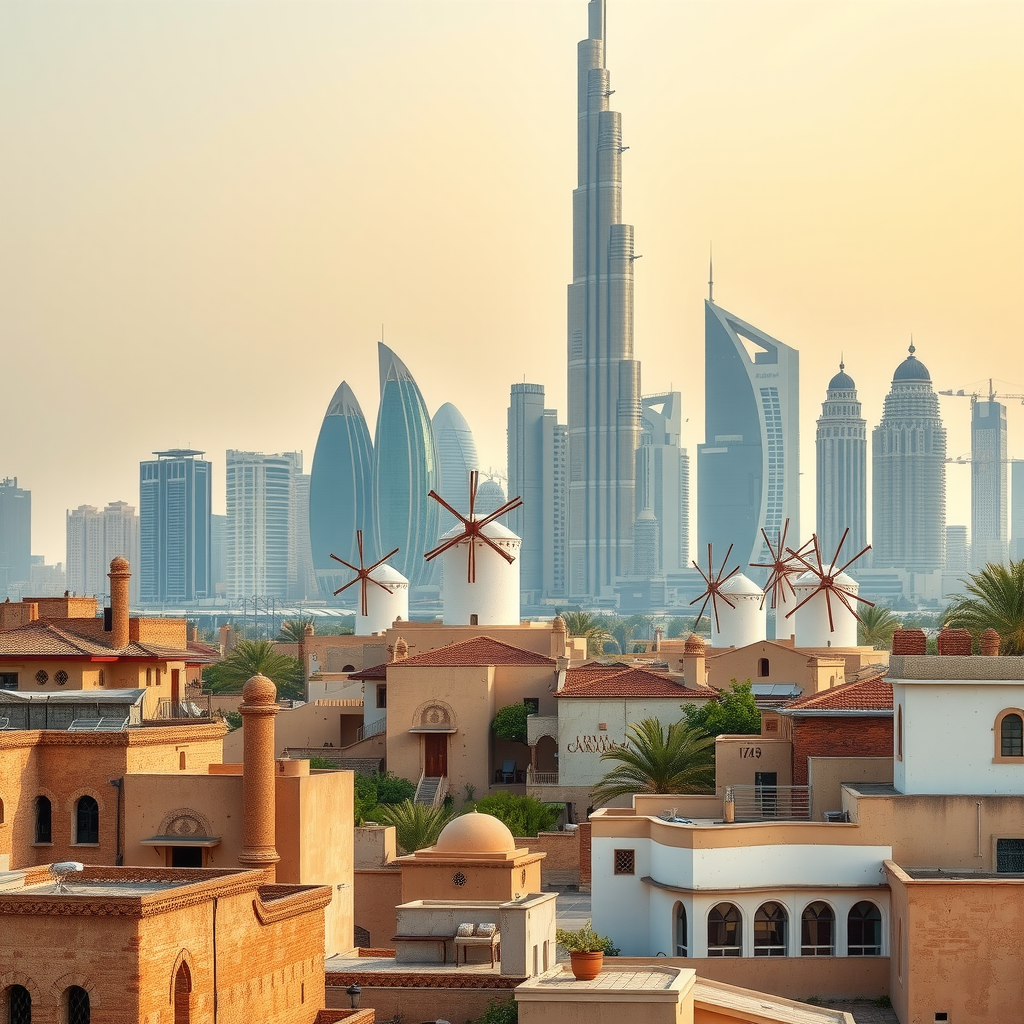 Panoramic view contrasting old Dubai with traditional buildings and wind towers against modern Dubai skyline with contemporary skyscrapers