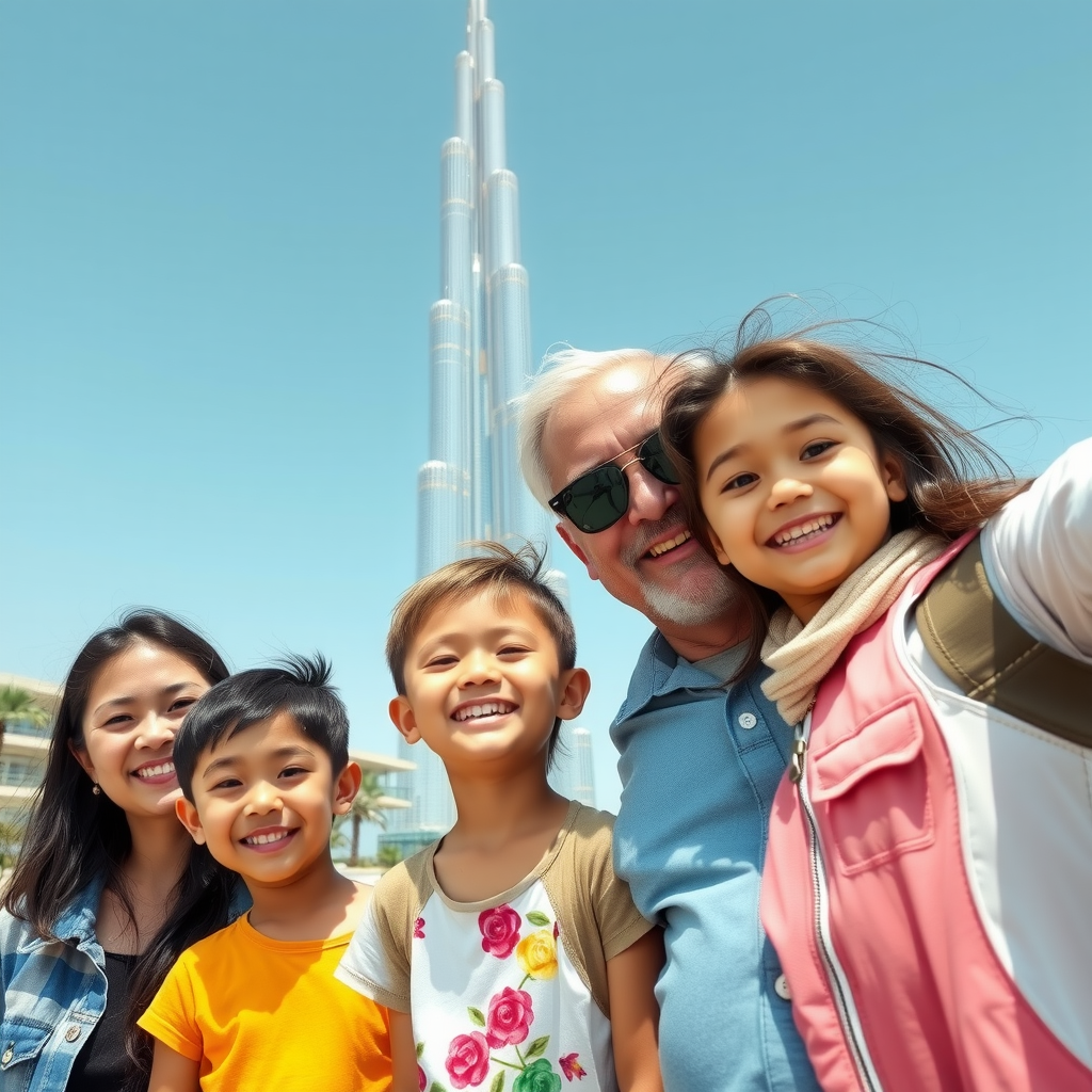 Happy family enjoying Dubai attractions with iconic Burj Khalifa in the background, children smiling, parents taking photos, sunny day with clear blue sky