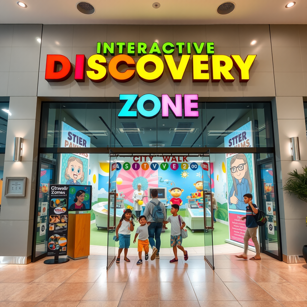 Modern entrance of Interactive Discovery Zone at City Walk Dubai featuring colorful signage, glass doors, and families entering the facility with children excited to explore the new attraction