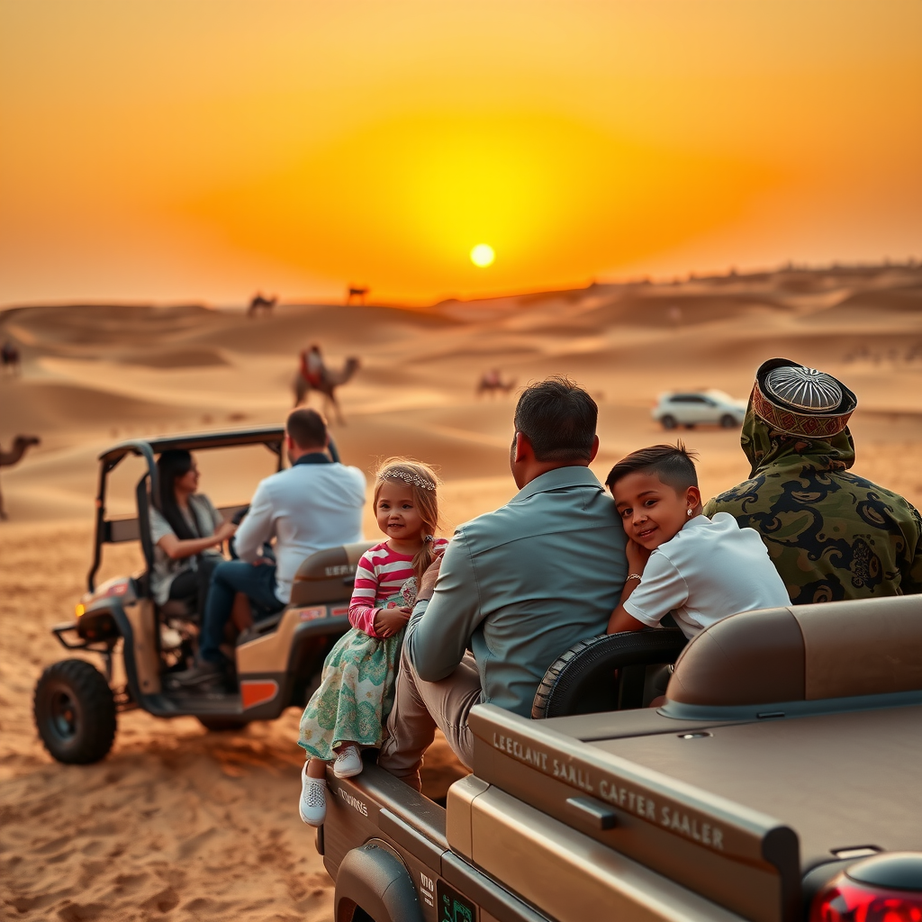Families enjoying an evening desert safari in Dubai with traditional entertainment, dune bashing vehicles, and a stunning sunset over golden sand dunes with camel silhouettes in the background