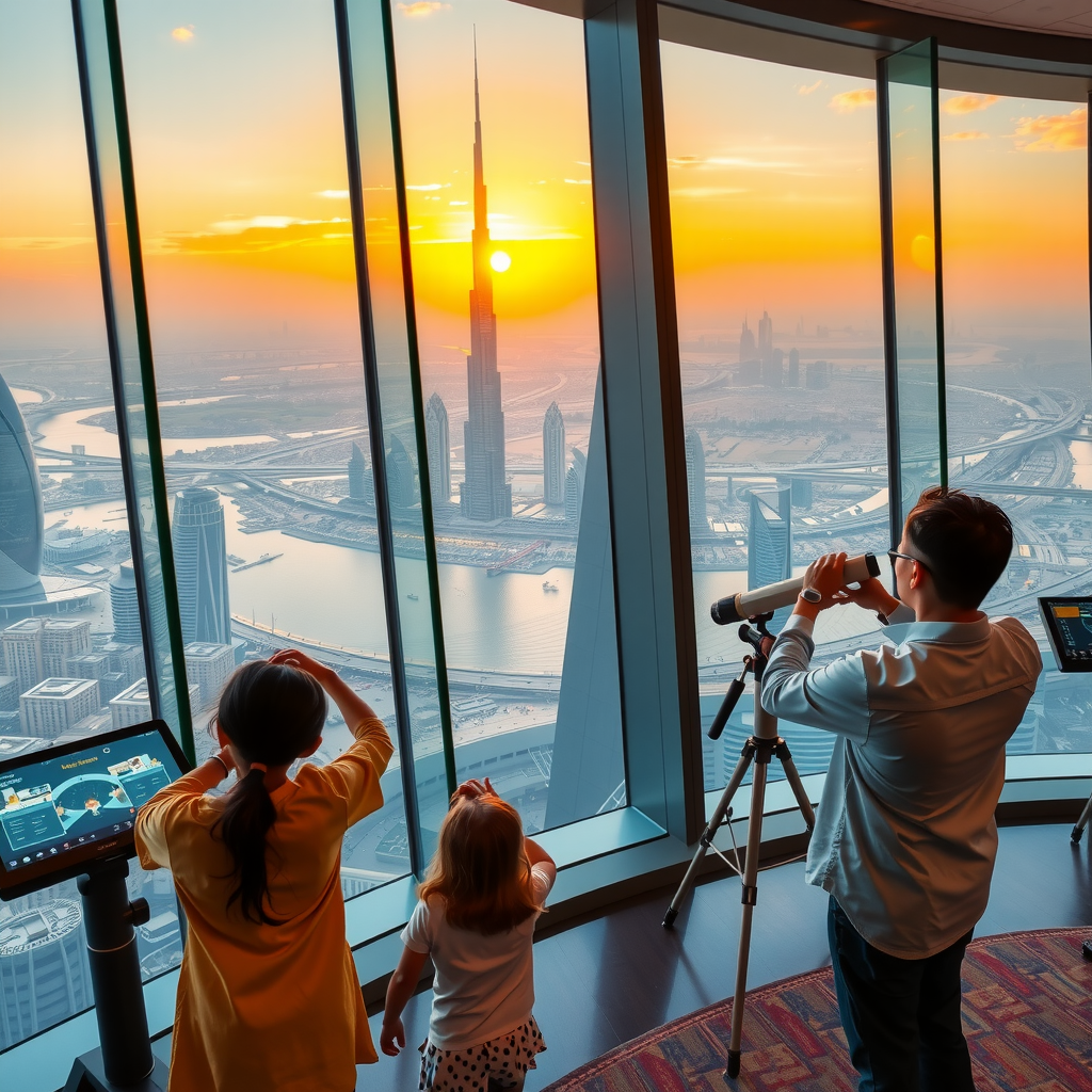 Modern observation deck at Burj Khalifa with interactive touchscreens and augmented reality displays, families with children looking through telescopes at panoramic Dubai cityscape views during golden hour sunset, floor-to-ceiling windows showing the city skyline and desert beyond