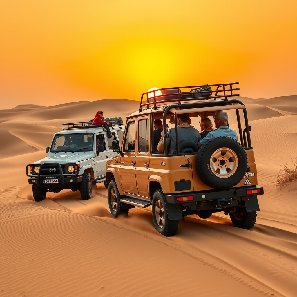Exciting desert safari adventure in Dubai showing 4x4 vehicles driving through golden sand dunes at sunset with families enjoying dune bashing and traditional Arabian desert landscape
