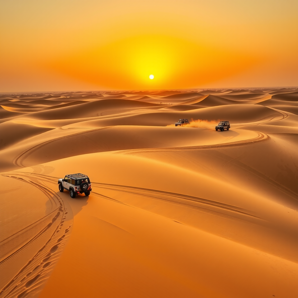 Spectacular view of golden desert dunes at sunset in Dubai with 4x4 safari vehicles creating dust trails across the pristine sand, showcasing the thrilling desert adventure experience