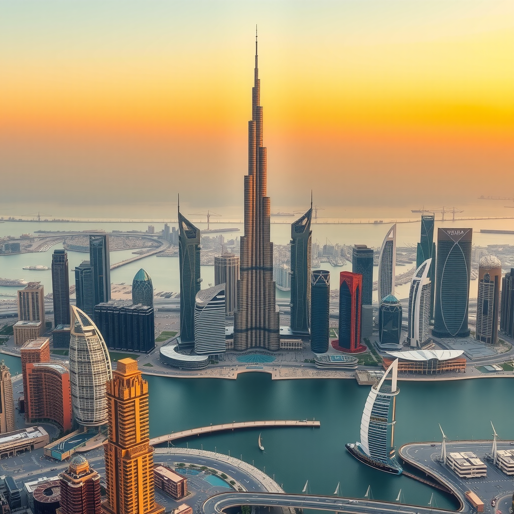 Panoramic view of Dubai skyline featuring Burj Khalifa, the world's tallest building, surrounded by modern skyscrapers and waterfront developments during golden hour