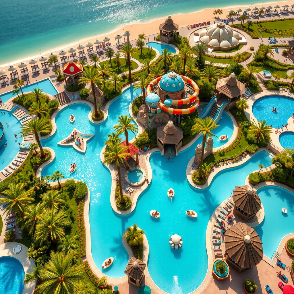 Aerial view of Aquaventure Waterpark with multiple water slides winding through tropical landscaping and turquoise pools under bright Dubai sunshine