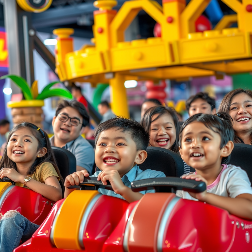 Families with children of various ages enjoying thrilling rides and entertainment at Dubai Parks and Resorts, featuring Motiongate, Bollywood Parks, and Legoland attractions with vibrant colors and joyful expressions