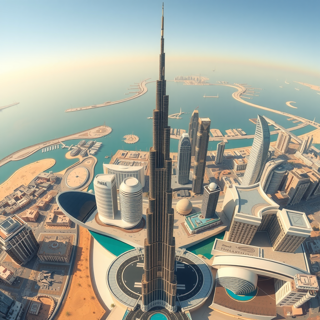 Stunning panoramic view from Burj Khalifa observation deck showing Dubai skyline, modern architecture, and desert landscape