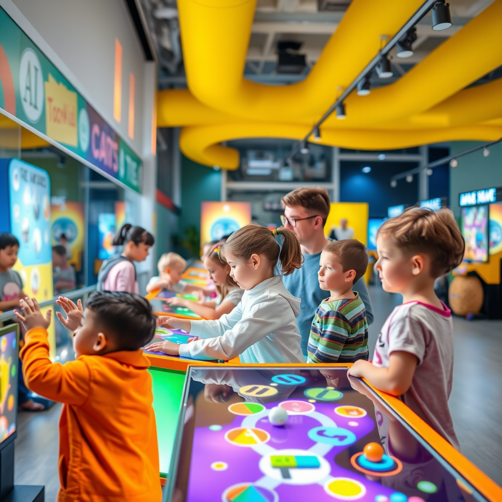 Children engaging with colorful interactive exhibits including touchscreen displays, hands-on science experiments, and educational games in a bright, modern indoor space with parents supervising