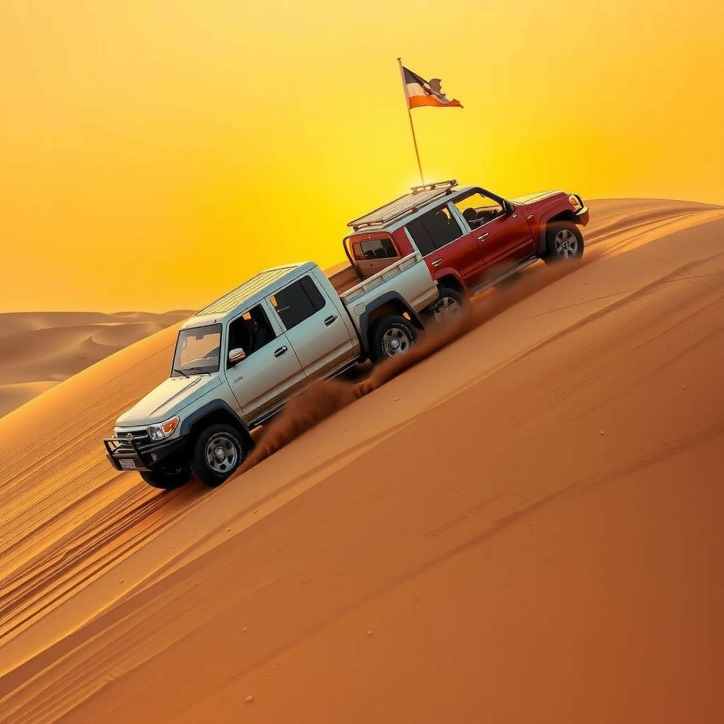 Exciting dune bashing adventure with 4x4 vehicles racing across steep desert sand dunes during golden hour in Dubai