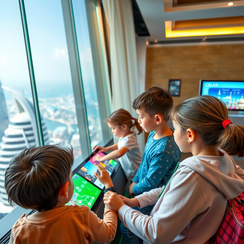Children using interactive touchscreen displays with augmented reality features showing Dubai landmarks, colorful digital overlays highlighting buildings and attractions visible through the observation deck windows, engaged families learning together