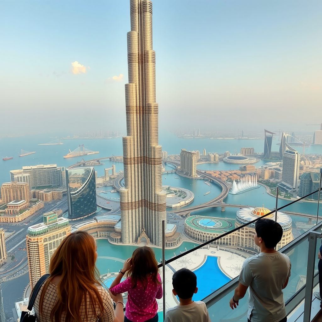 Stunning view of Dubai's iconic Burj Khalifa skyscraper towering over the city skyline with Dubai Mall and fountain show, families visiting observation deck with panoramic city views