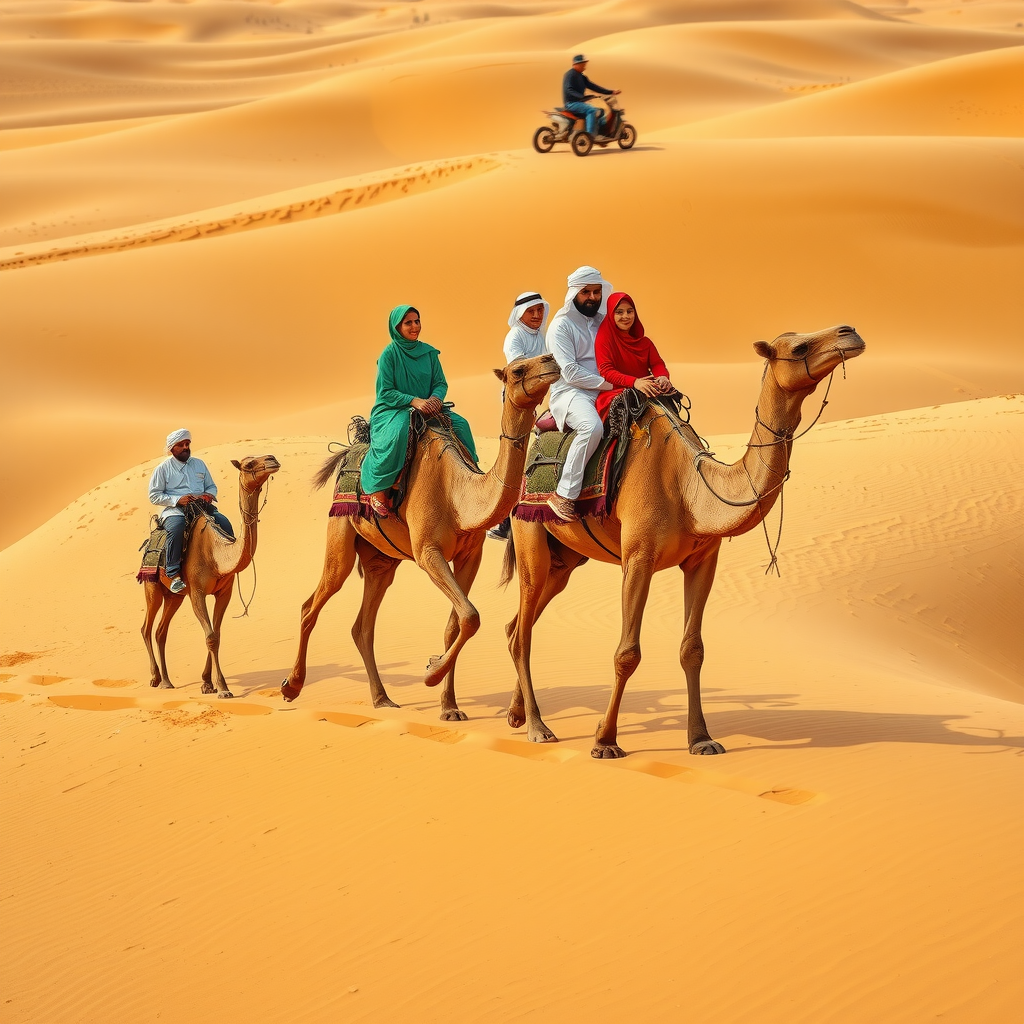 Traditional camel caravan with families riding camels through golden desert dunes in Dubai, showcasing authentic Arabian desert transportation and cultural experience