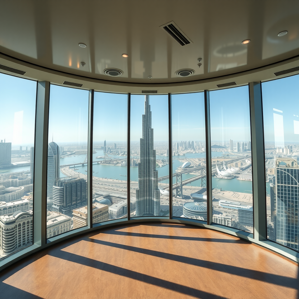 Interior view of Burj Khalifa observation deck with floor-to-ceiling windows showcasing breathtaking panoramic views of Dubai cityscape from the world's tallest building