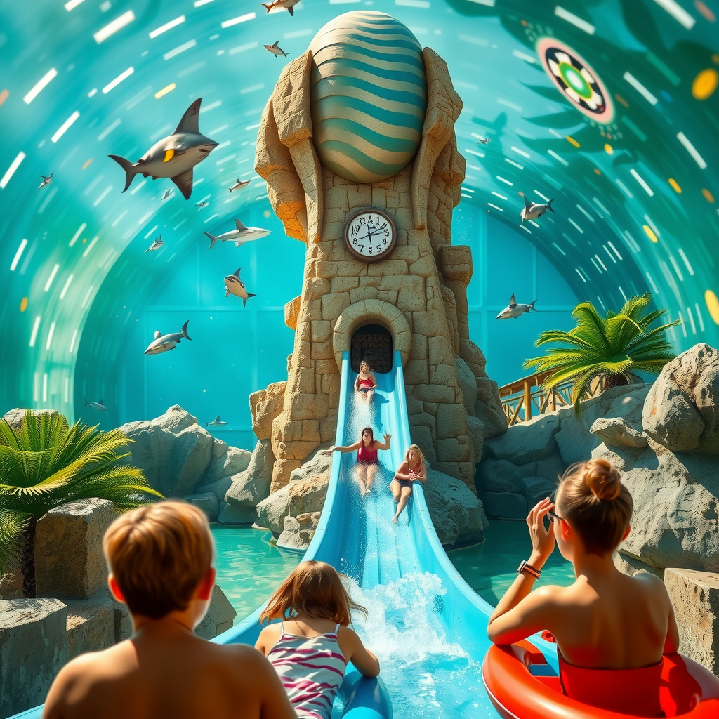 Aquaventure Waterpark iconic Leap of Faith slide tower with guests sliding through shark lagoon tunnel