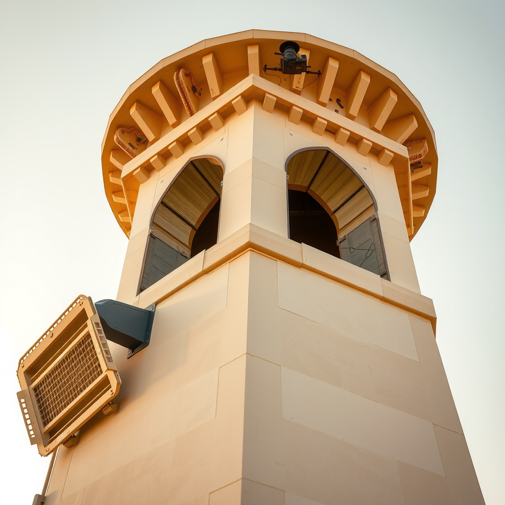 Close-up view of traditional Emirati wind tower showing architectural details and cooling ventilation system against bright sky