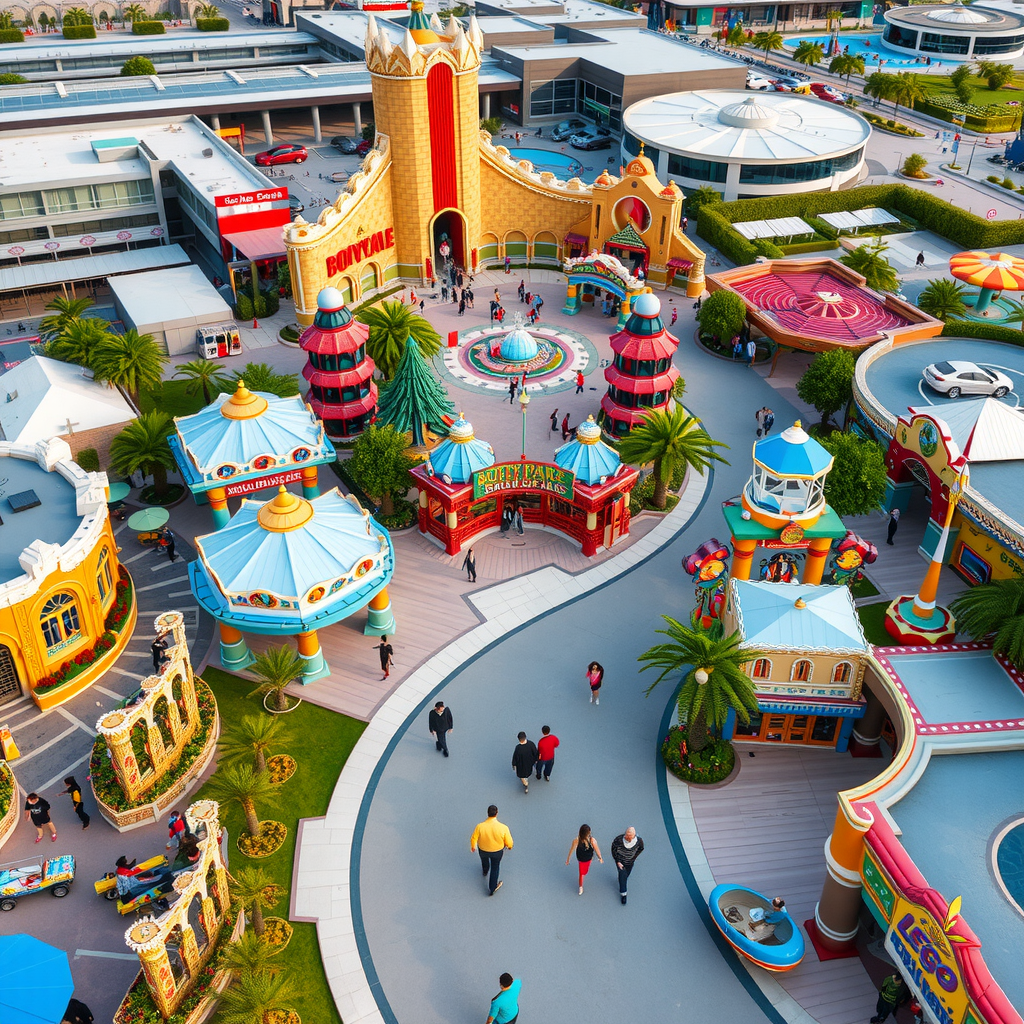 Aerial view of Dubai Parks and Resorts complex showing Motiongate, Bollywood Parks, and Legoland theme parks with families walking between colorful attractions and entertainment zones