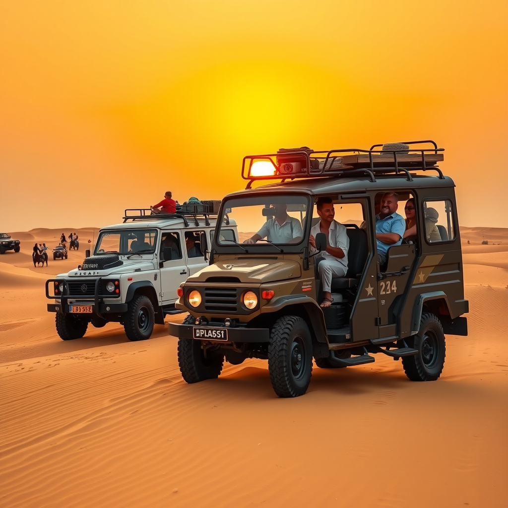 Exciting desert safari scene with 4x4 vehicles on golden sand dunes, sunset in background, families enjoying adventure activities
