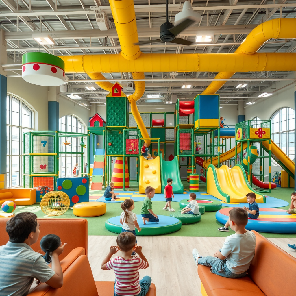 Spacious indoor adventure playground with climbing structures, slides, soft play areas, and obstacle courses where children are actively playing while parents watch from nearby seating areas