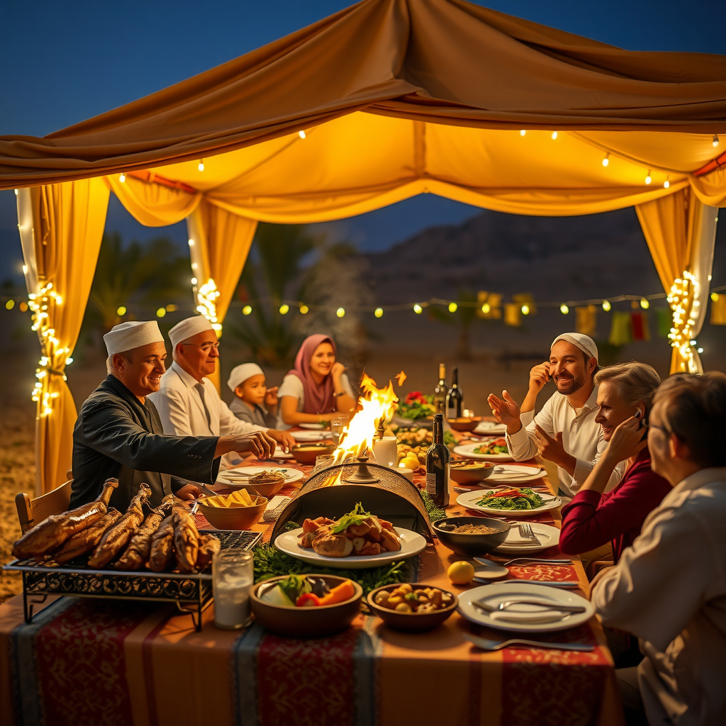 Traditional Arabian BBQ dinner setup in the desert with grilled meats, mezze platters, and families dining under illuminated tents