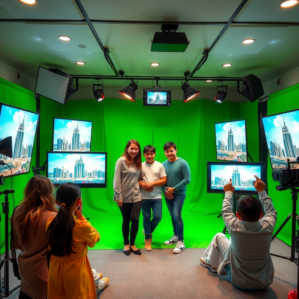 Modern photo booth area with green screen technology, families posing for pictures with Dubai skyline digital backgrounds, professional lighting setup and preview screens showing composite images