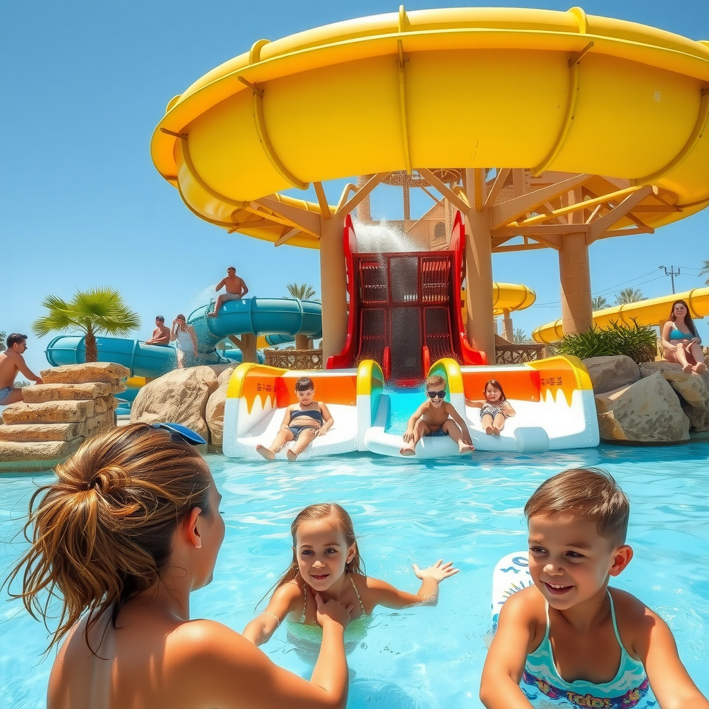 Exciting water park scene in Dubai with families enjoying thrilling water slides, wave pools, and lazy rivers at Aquaventure or Wild Wadi waterpark under sunny blue skies