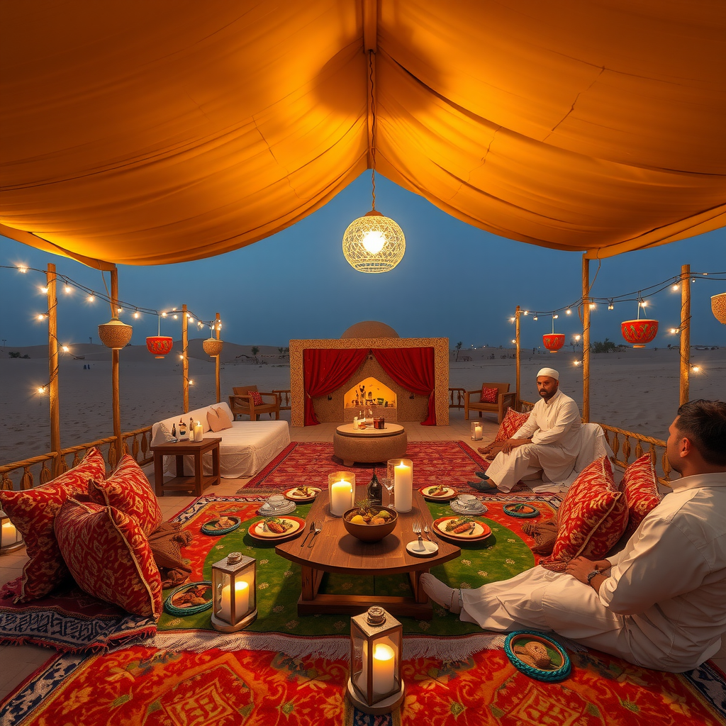 Authentic Bedouin-style desert camp in Dubai with traditional seating arrangements, colorful carpets, lanterns, and BBQ dinner setup under the evening sky, showcasing Arabian hospitality and cultural atmosphere