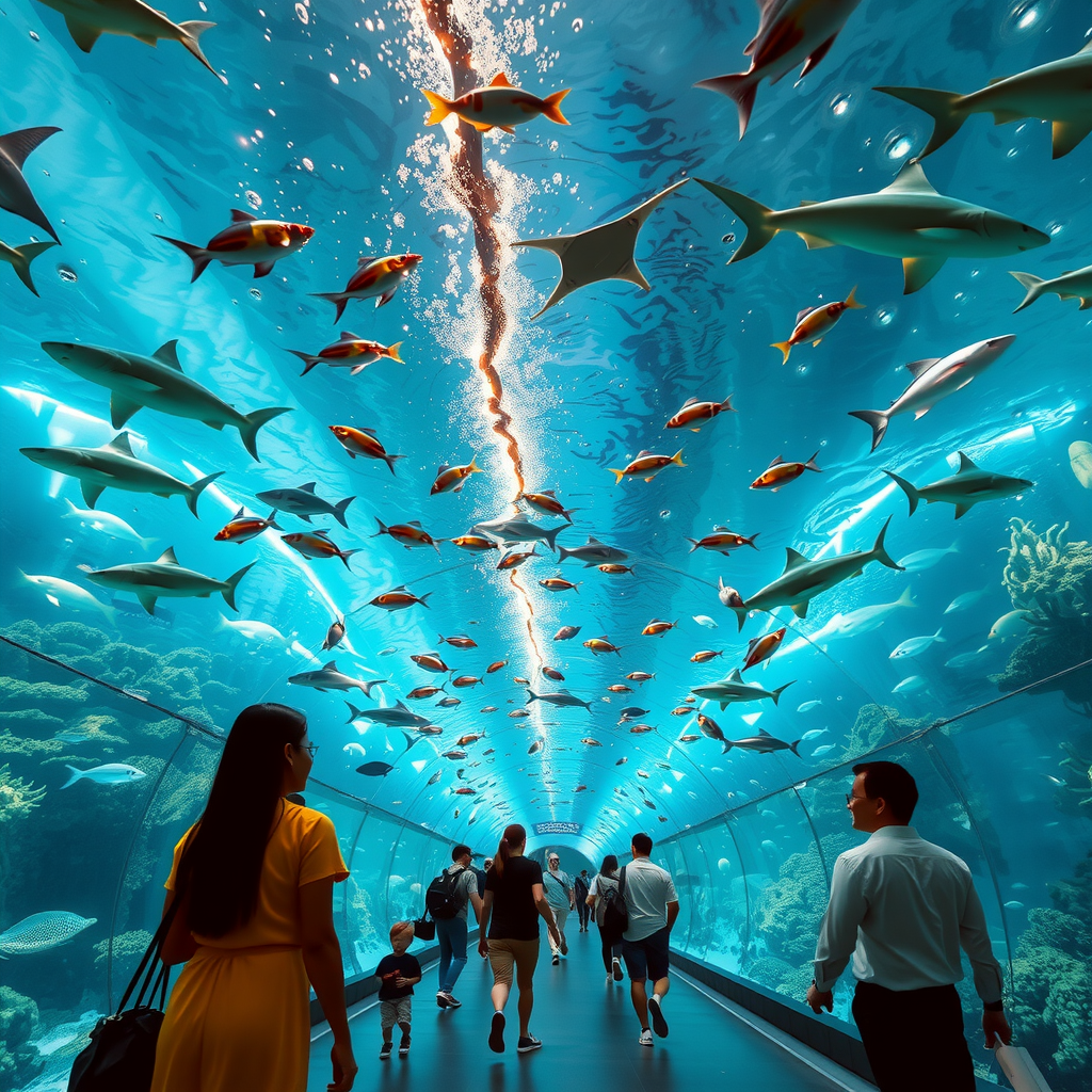 Visitors walking through the underwater tunnel at Dubai Mall Aquarium surrounded by thousands of marine animals including sharks, rays, and colorful fish swimming overhead