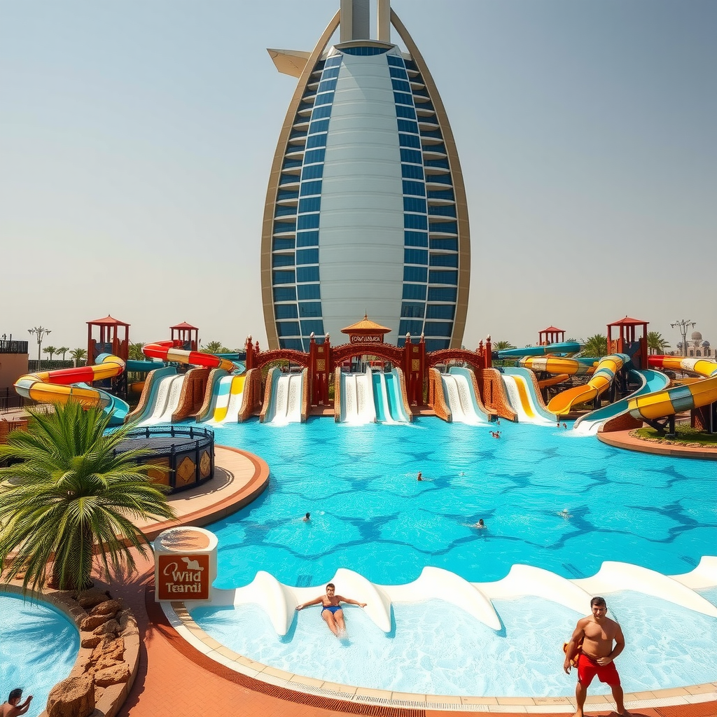 Wild Wadi Waterpark with Burj Al Arab backdrop showing wave pool and multiple water attractions