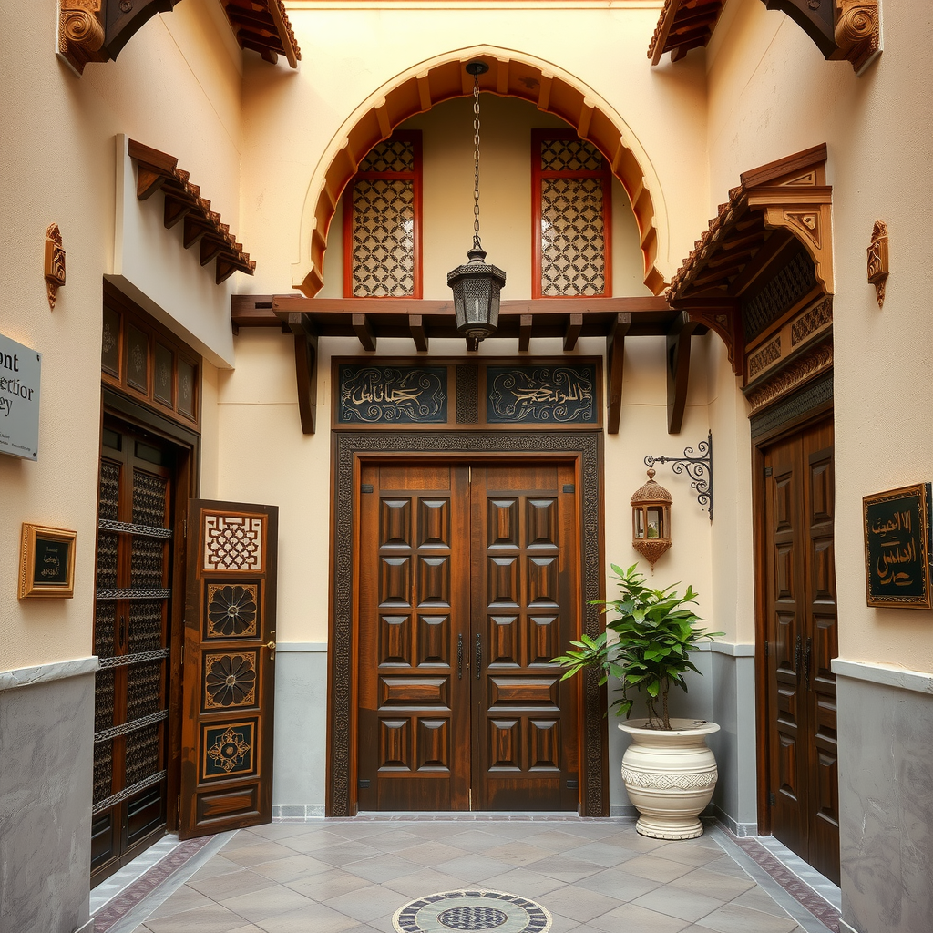 Traditional courtyard in Al Fahidi District featuring ornate wooden doors, decorative elements, and authentic Arabian architectural details