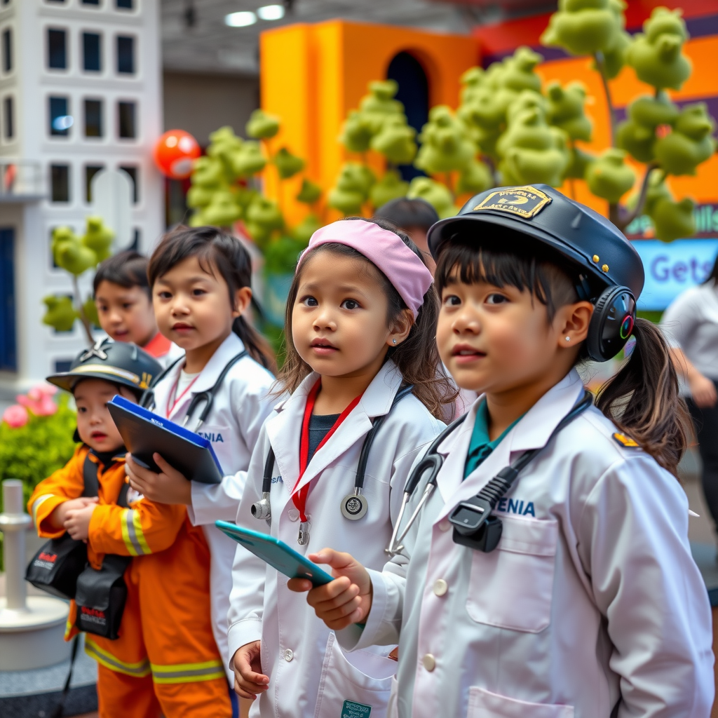 Children aged 4-16 engaged in role-playing activities at KidZania, dressed in professional uniforms as doctors, firefighters, and pilots in a realistic miniature city environment