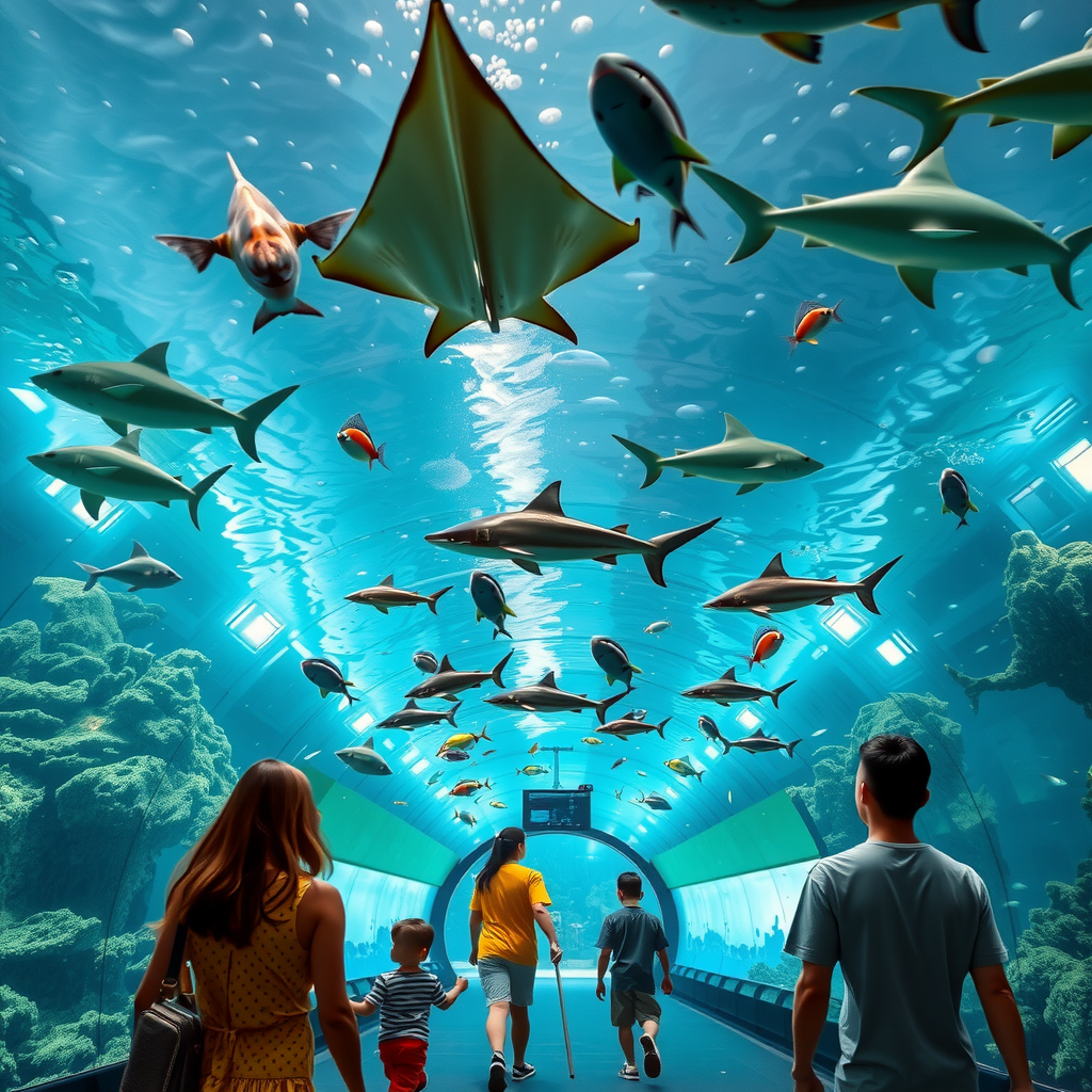 Mesmerizing underwater tunnel at Dubai Aquarium with sharks, rays, and colorful fish swimming overhead, families walking through in amazement
