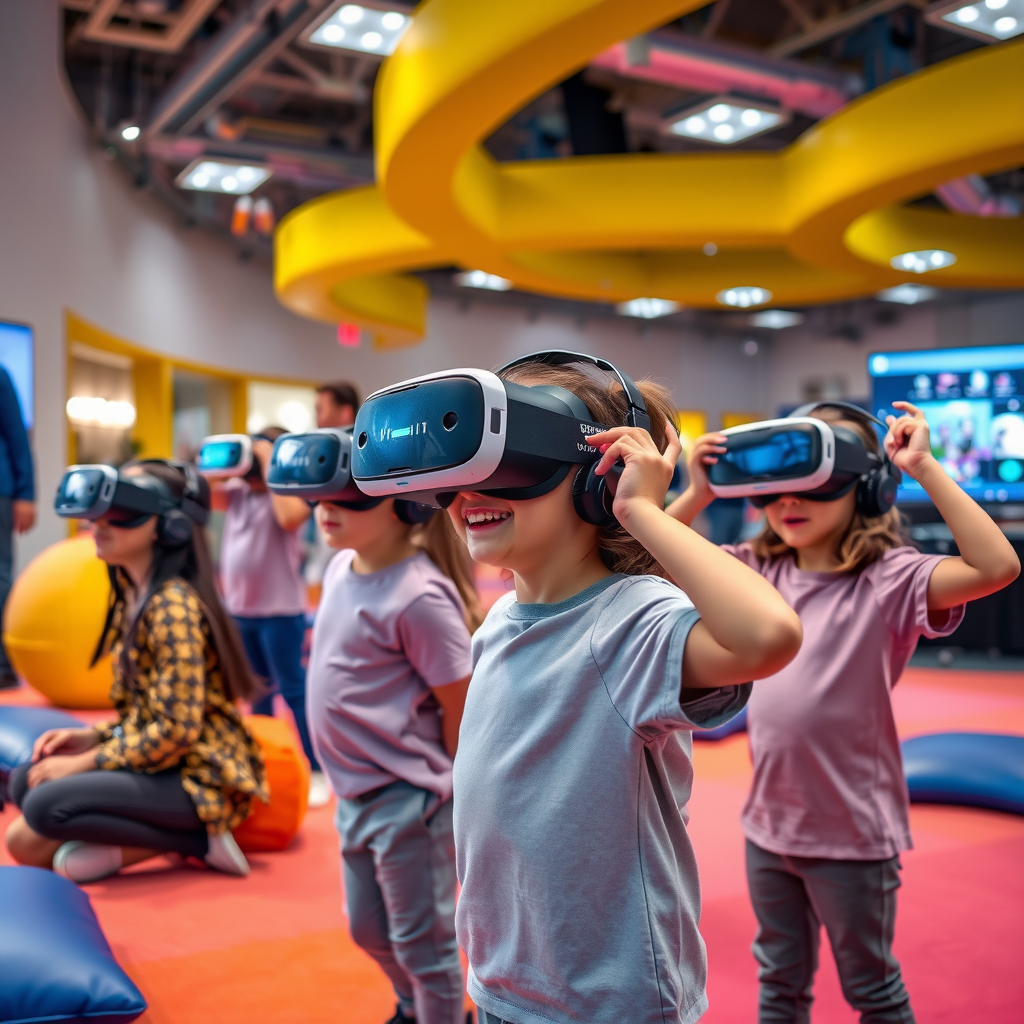 Children wearing VR headsets in a dedicated virtual reality area with padded floors, colorful lighting, and staff members assisting young visitors with their immersive experiences