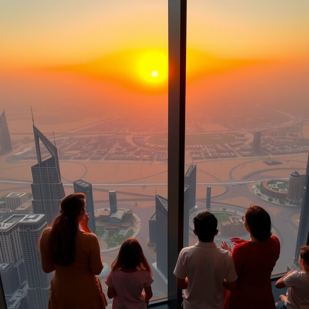 Breathtaking sunset view from Burj Khalifa observation deck, golden hour lighting over Dubai cityscape with desert in background, silhouettes of families watching the sunset through floor-to-ceiling windows, warm orange and pink sky colors