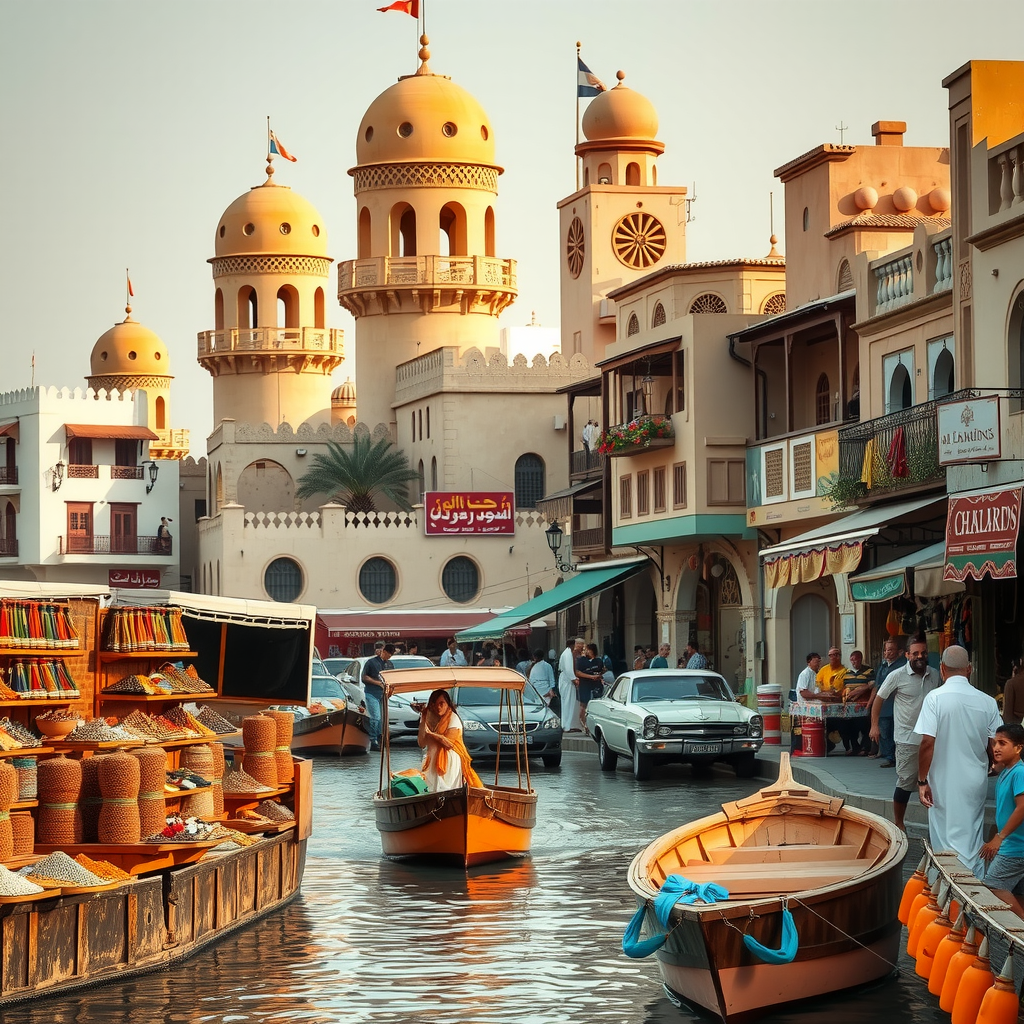 Traditional Dubai heritage scene showing historic Al Fahidi District with wind towers, families exploring traditional souks with colorful spices and textiles, and wooden abra boats on Dubai Creek