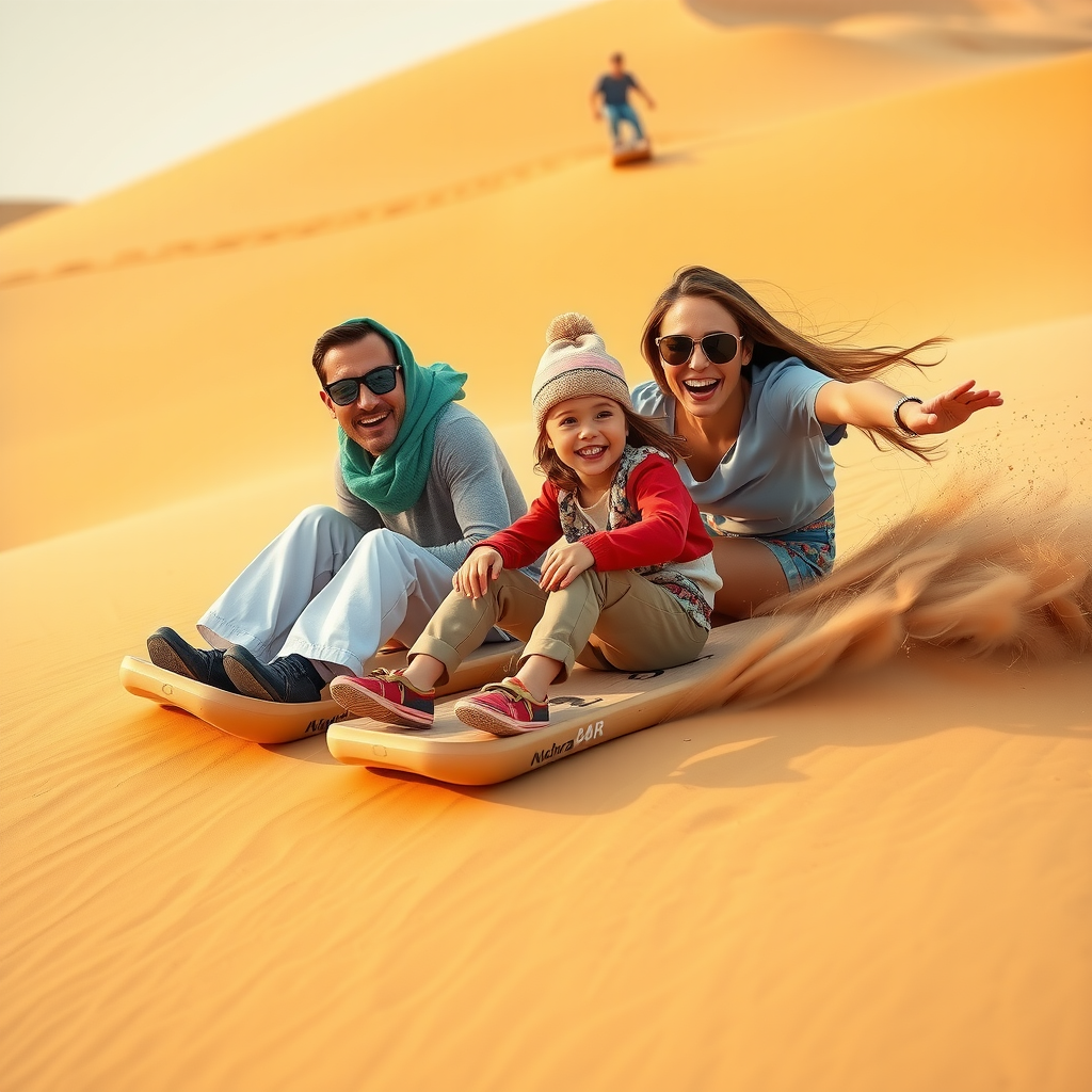 Happy family with children sandboarding down golden desert dunes in Dubai, showing parents and kids enjoying outdoor adventure activities together in the Arabian desert
