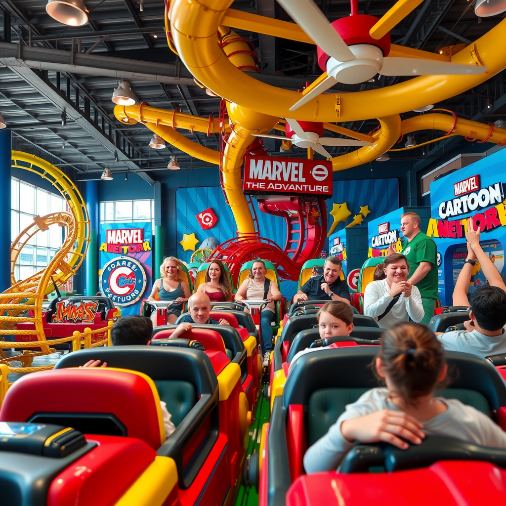 Exciting indoor theme park at IMG Worlds of Adventure featuring thrilling roller coasters, Marvel superhero zones, and Cartoon Network attractions with families enjoying rides