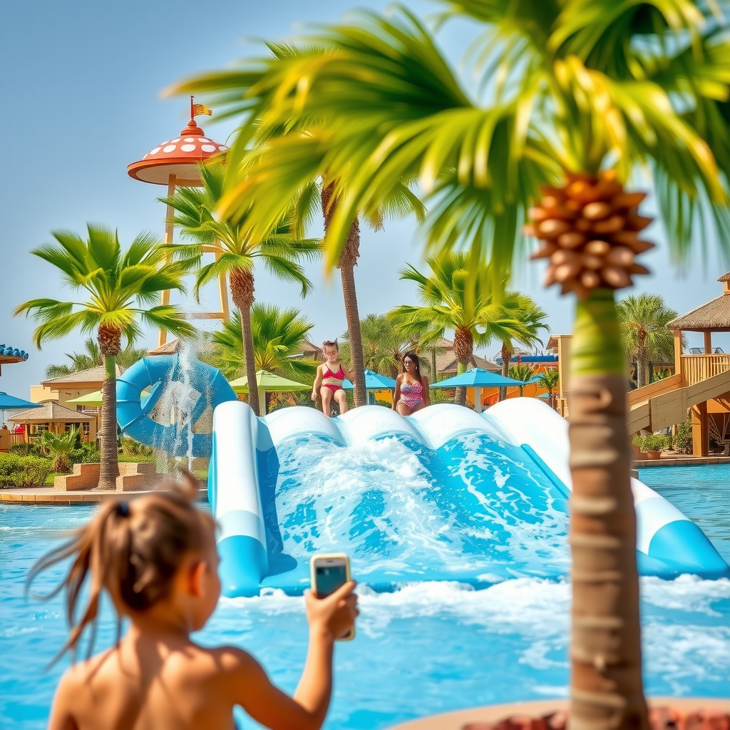 Laguna Waterpark featuring WaveOz FlowRider and family friendly splash zones with palm trees