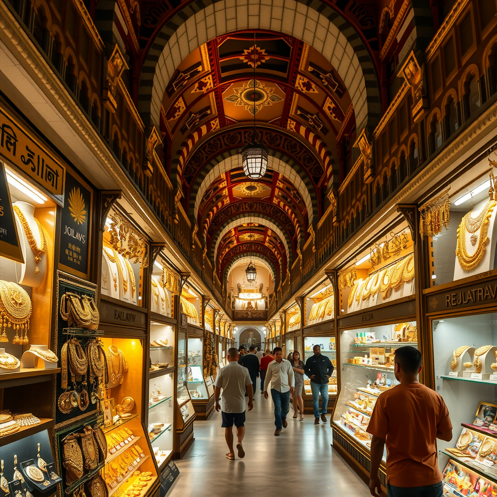 Gold Souk interior showing rows of illuminated jewelry shops with golden displays, traditional market architecture, and shoppers browsing