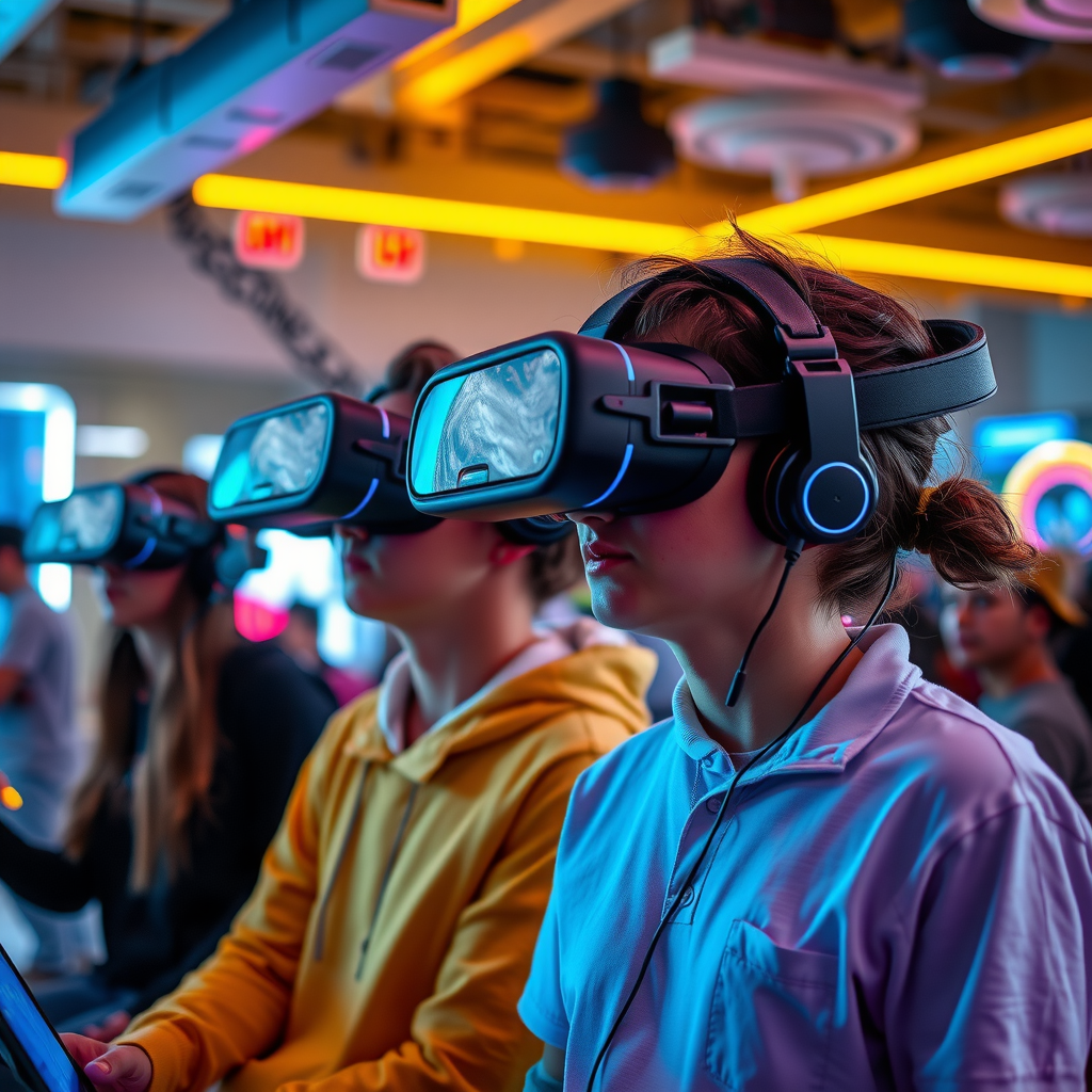 Teenagers and adults wearing VR headsets experiencing immersive virtual reality games and adventures in a modern, high-tech gaming environment with glowing neon lights