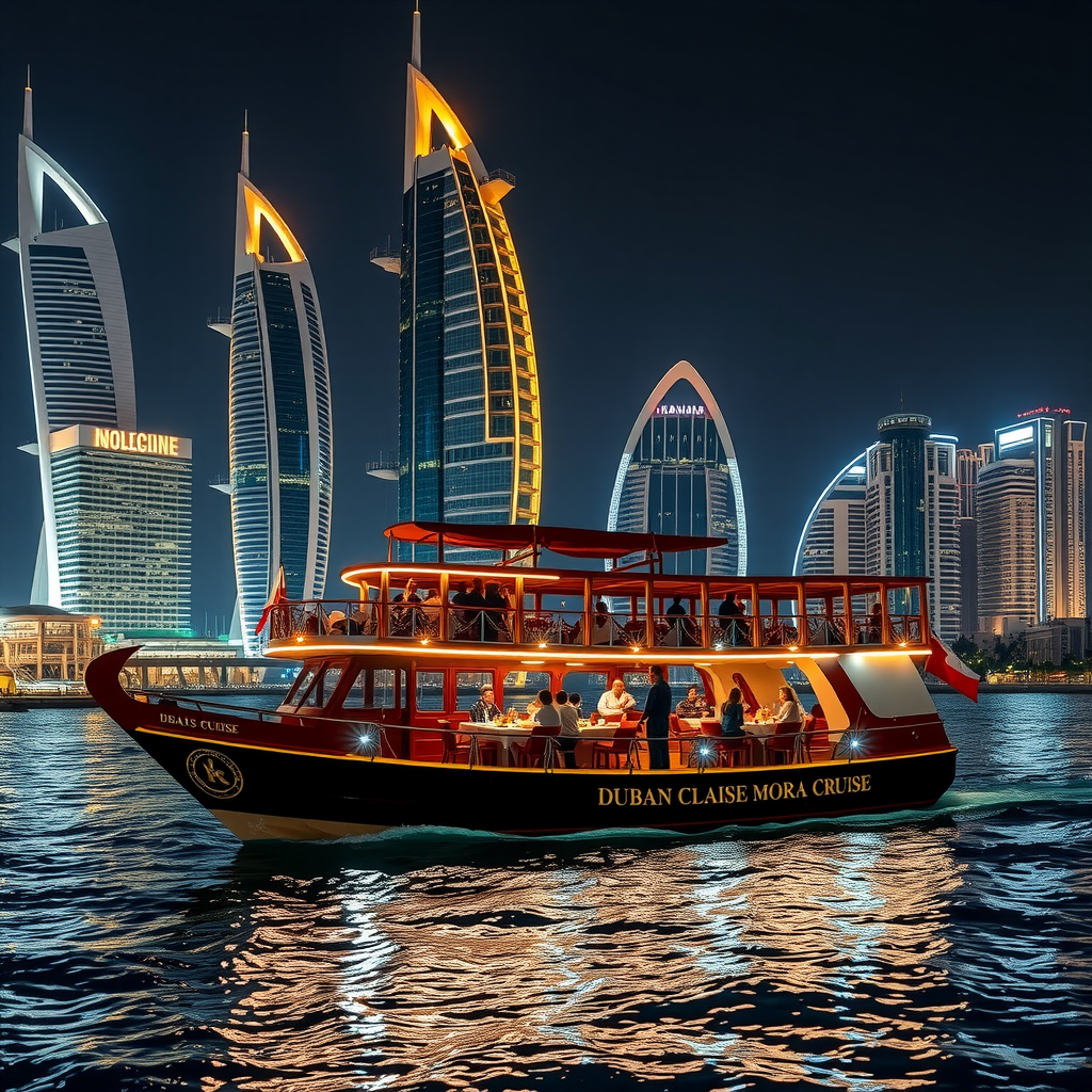 Elegant dhow cruise boat on Dubai Marina at night with illuminated skyscrapers reflecting on water, families dining on deck