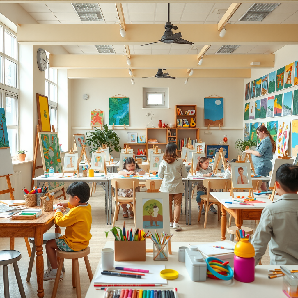 Bright art studio with tables full of art supplies, easels, colorful paintings on walls, and children engaged in creative activities with instructors guiding them through various art projects