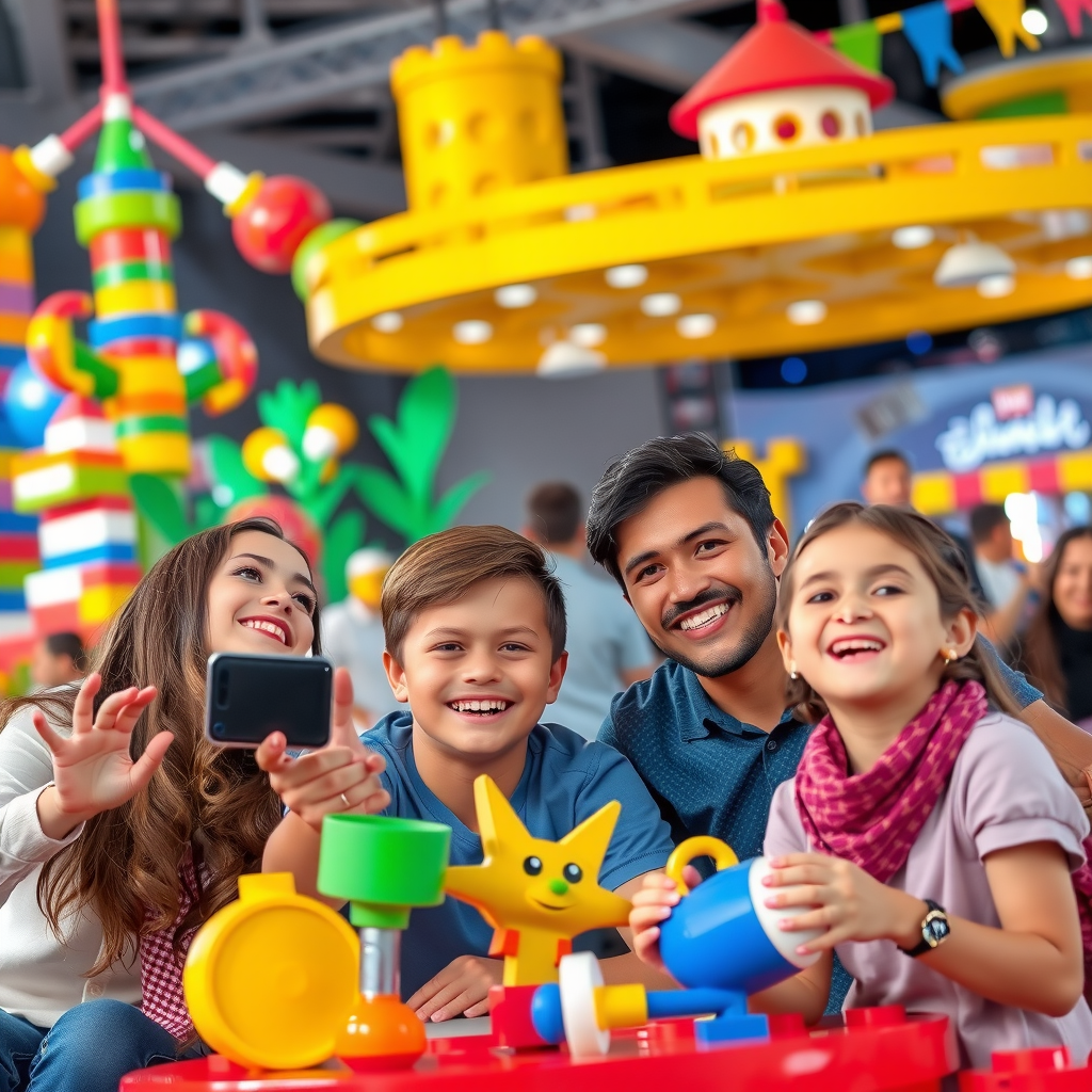 Happy families enjoying entertainment at Dubai Parks and Resorts with colorful Legoland attractions, Bollywood Parks shows, and children playing at KidZania educational center