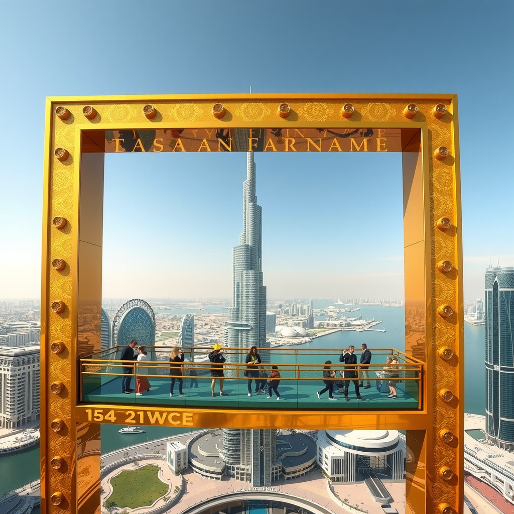 The iconic Dubai Frame, a massive golden rectangular structure standing 150 meters tall, framing views of old and new Dubai with visitors on the glass-floored sky bridge