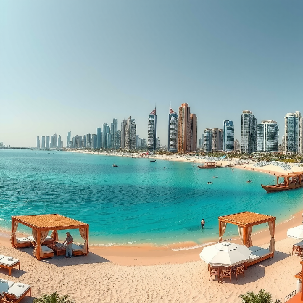 Panoramic view of JBR beach with luxury cabanas turquoise water and Dubai Marina skyline in background