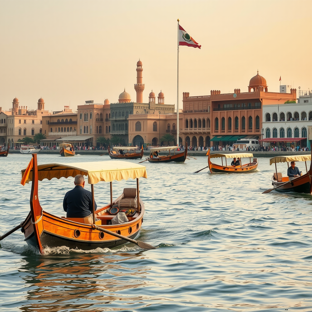 Traditional wooden abra boats crossing Dubai Creek with historic waterfront buildings, dhows, and traditional architecture visible along the shores