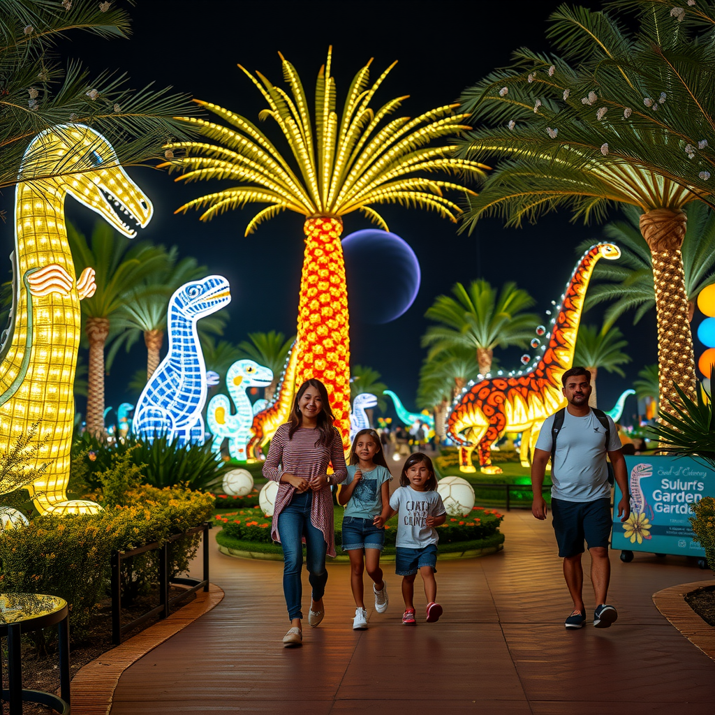Families walking through Dubai Garden Glow at night, surrounded by spectacular illuminated sculptures, glowing dinosaurs, and colorful light installations creating a magical atmosphere