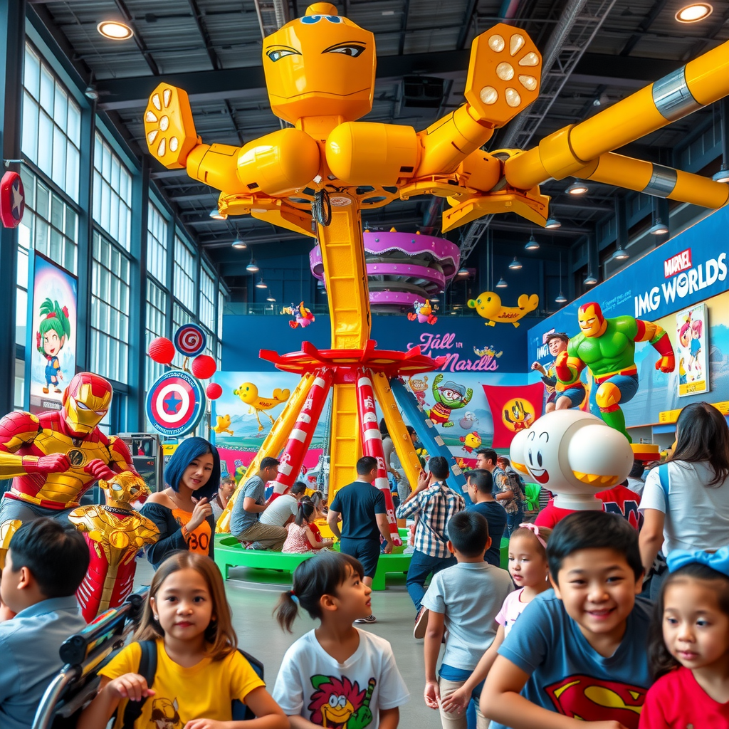 Exciting indoor theme park at IMG Worlds with colorful rides, Marvel superheroes, cartoon characters, families enjoying attractions