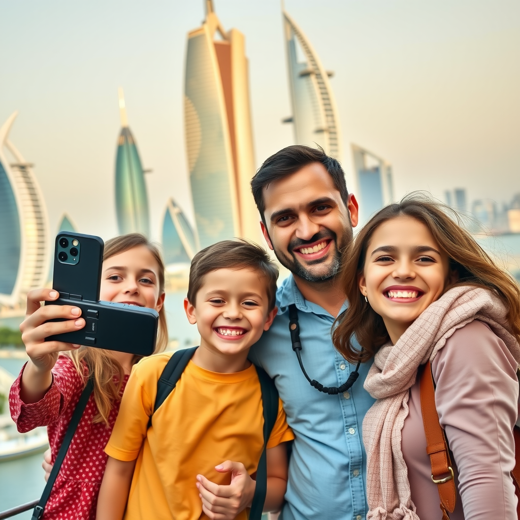 Joyful family of four with children smiling and taking photos at Dubai attractions, capturing memorable moments with iconic landmarks in the background